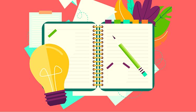 تحرير عملك وتدقيقه خلفيه حمراء تحتوي على لمبة وكراسة يوجد عليها قلم