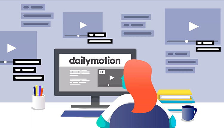 شرح موقع ديلي موشن فتاة كرتونية تجلس امامها شاشة كمبيوتر مكتوب عليها Dailymotion 