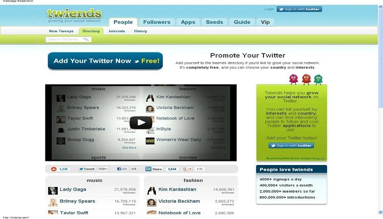 أداة لتزويد متابعي تويتر Twiends الصفحة الرئيسية