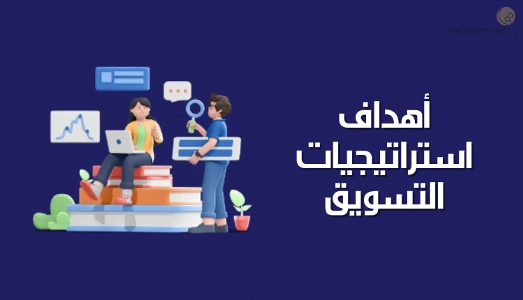 معلومات عن استراتيجيات التسويق؛ أهم 4 عناصر للترويج 1 أهداف استراتيجيات التسويق خلفية زرقاء عليها ولد يمسك بأداة بحث
