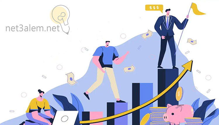 مكونات الاسواق المالية، صورة كرتونية لاشخاص يتسابقون على سلم للفوز بالسوق المالي