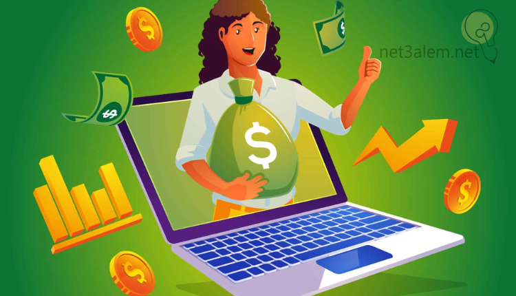 أدوات صناعة المحتوى؛ أهم 6 آليات تساعدك على كتابته بسهولة 2 الكسب من صناعة المحتوى: صورة كرتونية لفتاة تخرج من شاشة لاب توب وتحمل كيس نقود ونقود حول اللاب توب