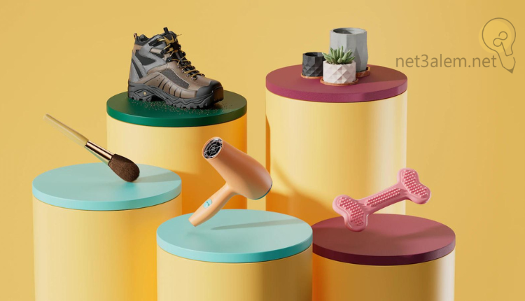 أفضل المنتجات للبيع على الإنترنت؛ أبرز 7 سلع يمكنك ترويجها بسهولة. 4 سلع ترند 2023: صورة طاولات على كلاً منها منتج حذاء وسيشوار ومستحضرات تجميل