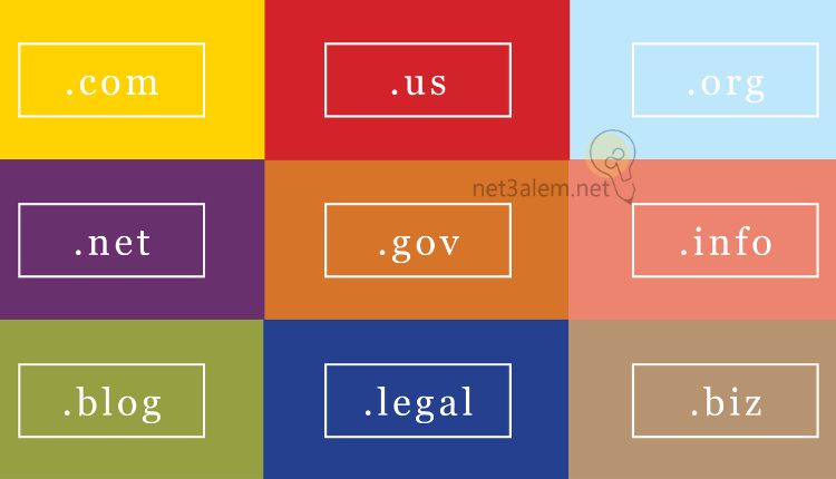 ما هو الدومين؛ نقدم إليك أبرز 4 أنواع متداولة منه 3 أشهر امتداد دومين: صورة مقسمة إلى مربعات مكتوب بها بعض أمتدادات الدومين الشهيرة