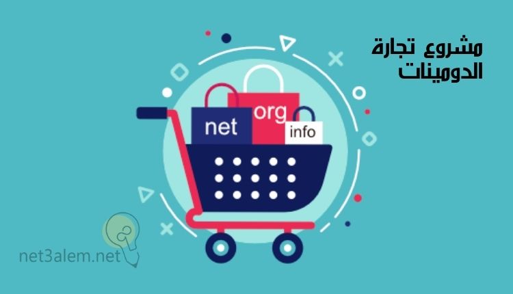 العمل في تجارة الدومينات: صورة سلة تسوق بها أكياس شراء مكتوب عليها أسماء دومينات