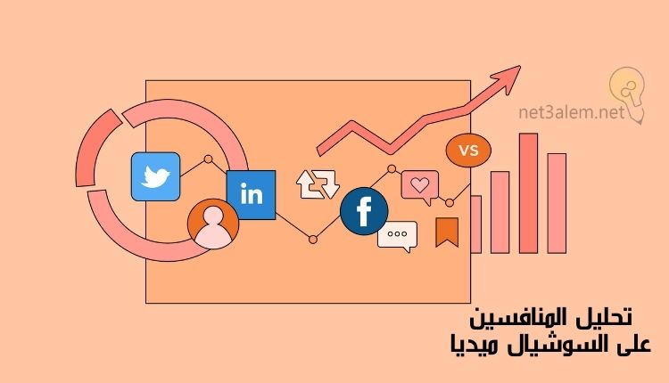 كيفية تحليل المنافسين؛ إليك أبرز 6 خطوات تساعدك على القيام به 3 دراسة المنافسين على السوشيال ميديا: صورة بها علامة الفيس بوك وتويتر ولينكد إن وسهم وأعمدة بيانية