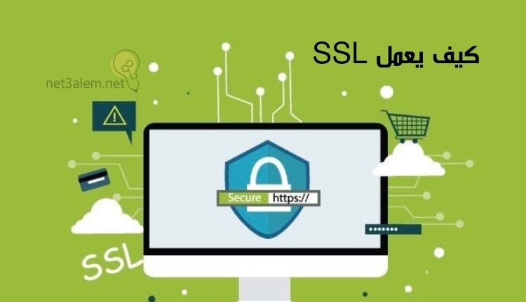 ما هي شهادة SSL؛ نقدم لكم أبرز 4 خطوات تساعدك على الحصول عليها بسهولة 1 طريقة عمل SSL: صورة شاشة لاب توب بداخلها قفل واختصار https وكلمة SSL وبطاقة ائتمانية وسحابة وسلة تسوق
