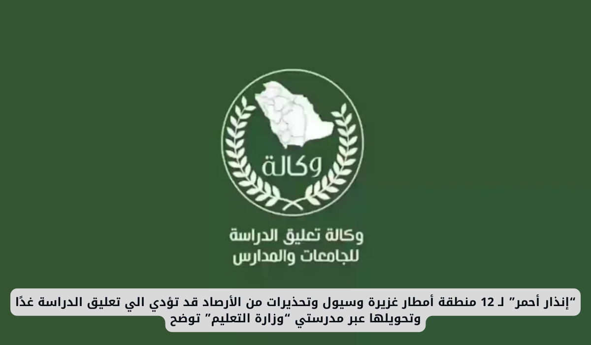 “إنذار أحمر” لـ 12 منطقة أمطار غزيرة وسيول وتحذيرات من الأرصاد قد تؤدي الي تعليق الدراسة غدًا وتحويلها عبر مدرستي “وزارة التعليم” توضح 5 تعليق الدراسة